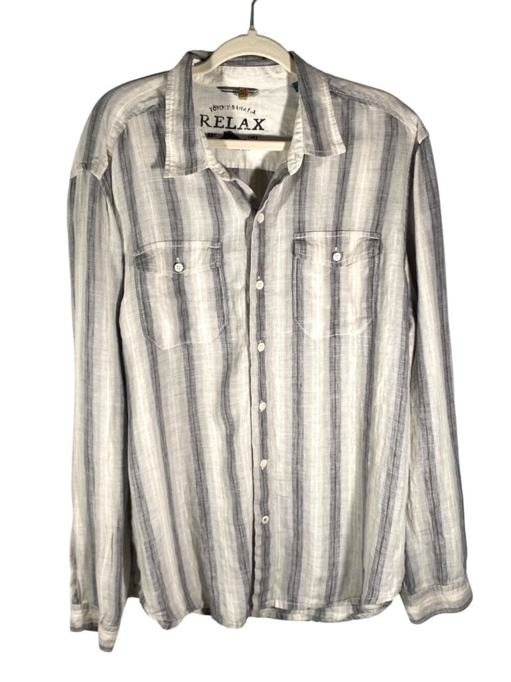 Tommy Bahama Relax Mens XL Striped 100% Linen Button-Up Shirt Authentic Fit Gray
